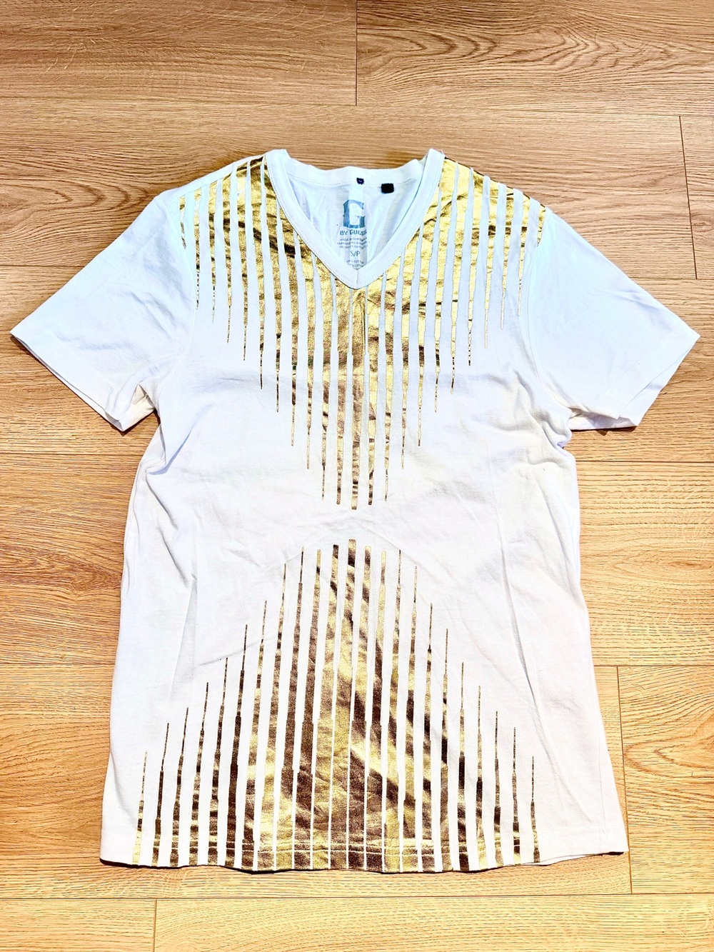 G by Guess White V-Neck Tee with Gold Stripe Accent